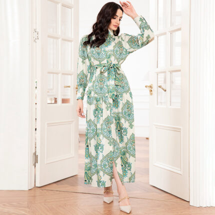Elegant Style High Collar Flowers Belt Shirt Sleeve Long Dresses